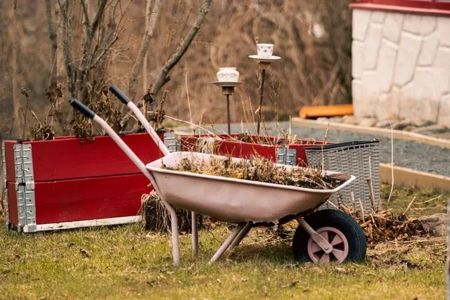 A wheelbarrow loaded with branches and yard debris cleared from a property
